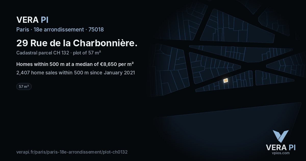 29 Rue de la Charbonnière, 18e arrondissement at night – the plot lit, the parcels around coloured by the prices near them