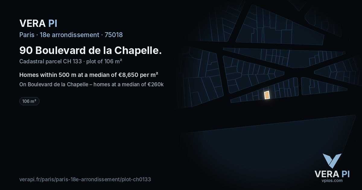 90 Boulevard de la Chapelle, 18e arrondissement at night – the plot lit, the parcels around coloured by the prices near them