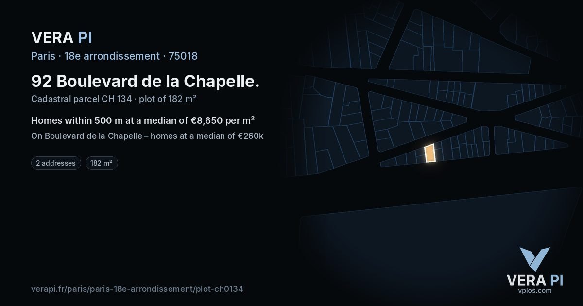 92 Boulevard de la Chapelle, 18e arrondissement at night – the plot lit, the parcels around coloured by the prices near them