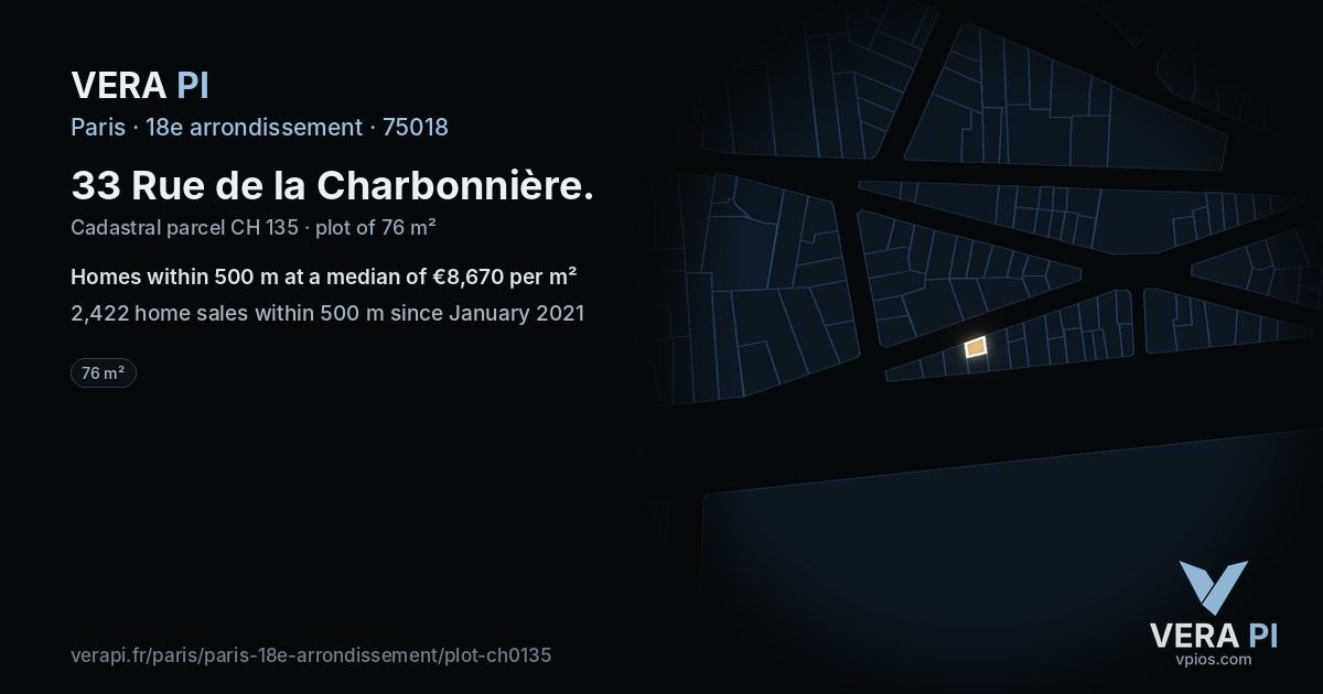 33 Rue de la Charbonnière, 18e arrondissement at night – the plot lit, the parcels around coloured by the prices near them
