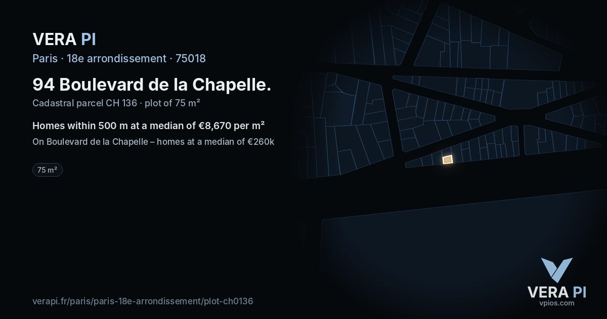 94 Boulevard de la Chapelle, 18e arrondissement at night – the plot lit, the parcels around coloured by the prices near them