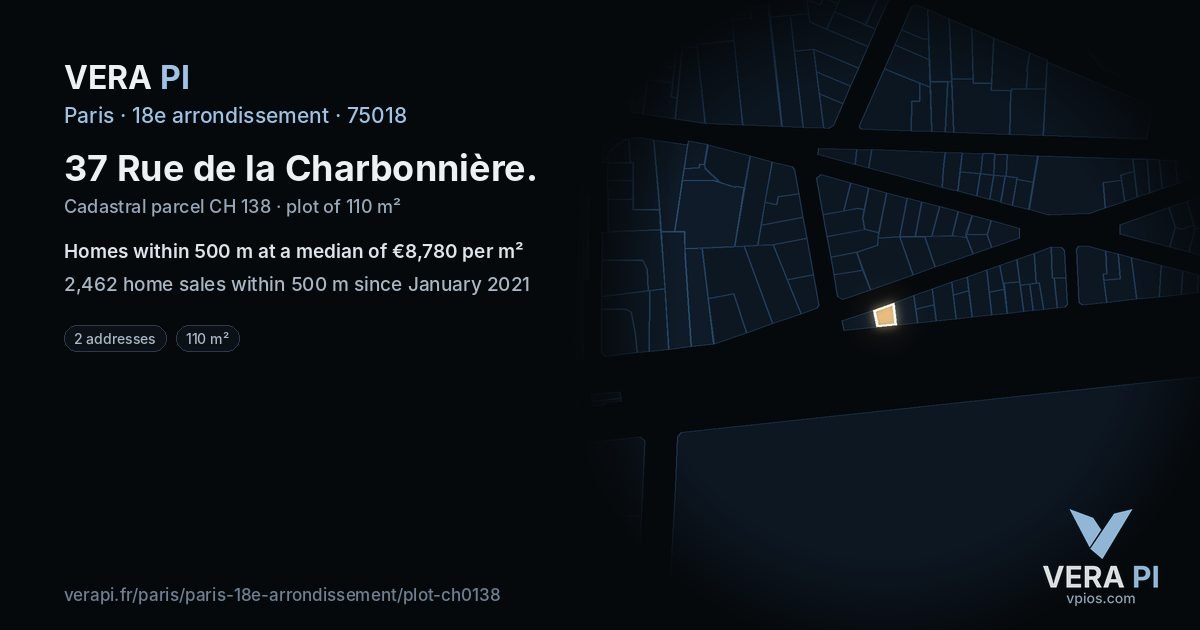 37 Rue de la Charbonnière, 18e arrondissement at night – the plot lit, the parcels around coloured by the prices near them