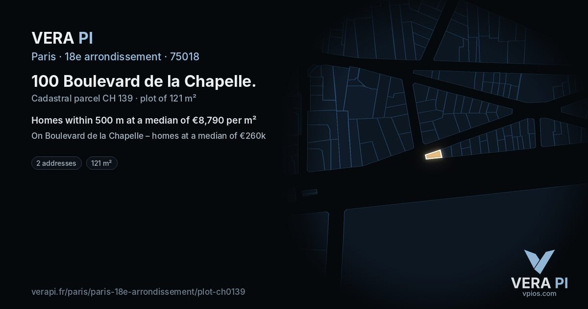 100 Boulevard de la Chapelle, 18e arrondissement at night – the plot lit, the parcels around coloured by the prices near them