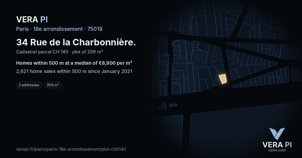 34 Rue de la Charbonnière, 18e arrondissement at night – the plot lit, the parcels around coloured by the prices near them