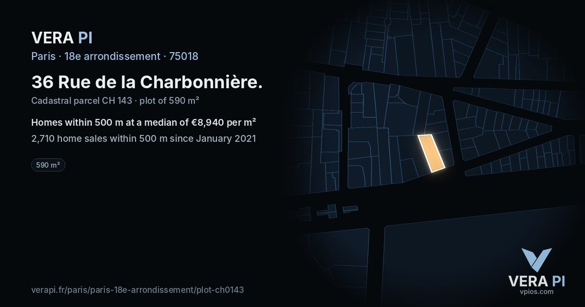 36 Rue de la Charbonnière, 18e arrondissement at night – the plot lit, the parcels around coloured by the prices near them