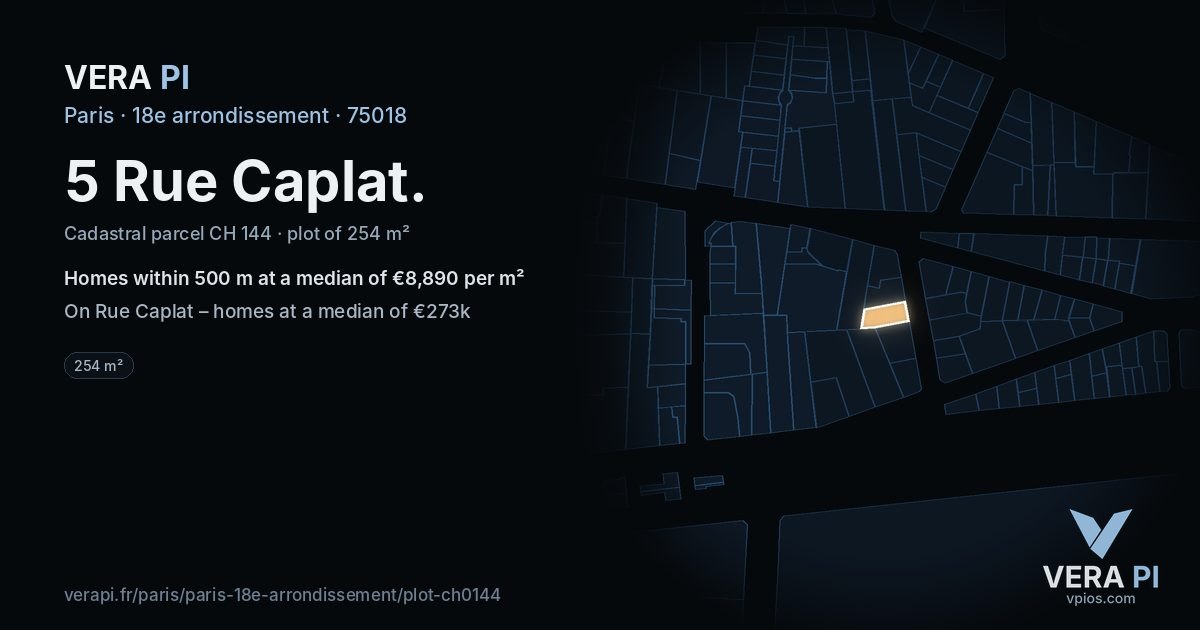5 Rue Caplat, 18e arrondissement at night – the plot lit, the parcels around coloured by the prices near them