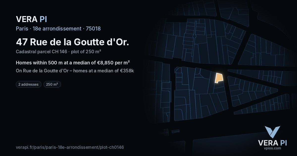 47 Rue de la Goutte d'Or, 18e arrondissement at night – the plot lit, the parcels around coloured by the prices near them