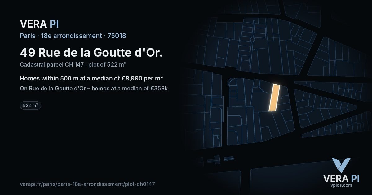 49 Rue de la Goutte d'Or, 18e arrondissement at night – the plot lit, the parcels around coloured by the prices near them
