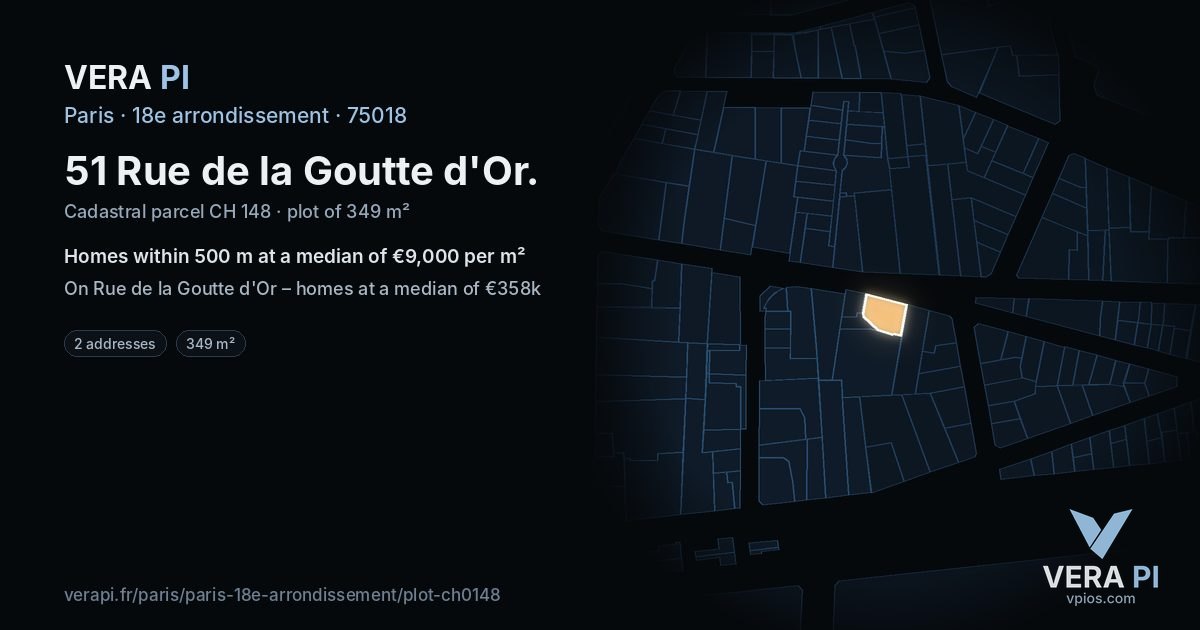 51 Rue de la Goutte d'Or, 18e arrondissement at night – the plot lit, the parcels around coloured by the prices near them