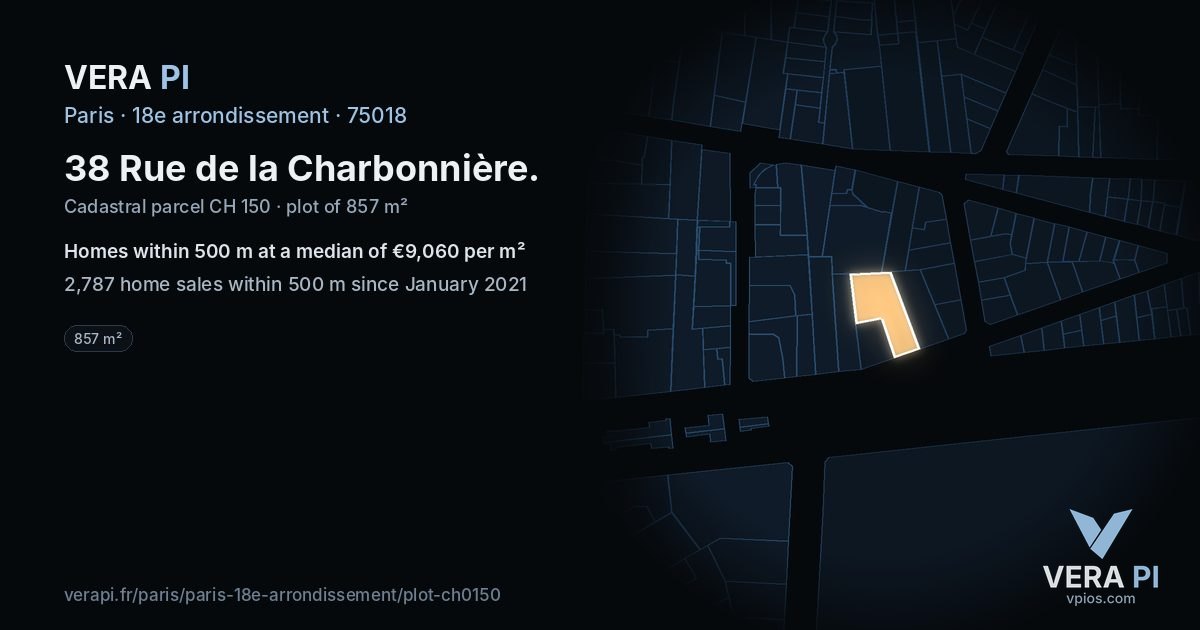 38 Rue de la Charbonnière, 18e arrondissement at night – the plot lit, the parcels around coloured by the prices near them