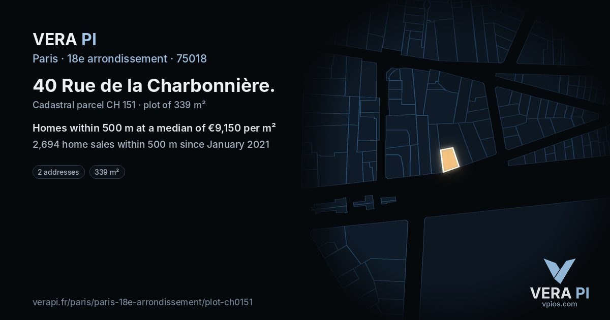 40 Rue de la Charbonnière, 18e arrondissement at night – the plot lit, the parcels around coloured by the prices near them