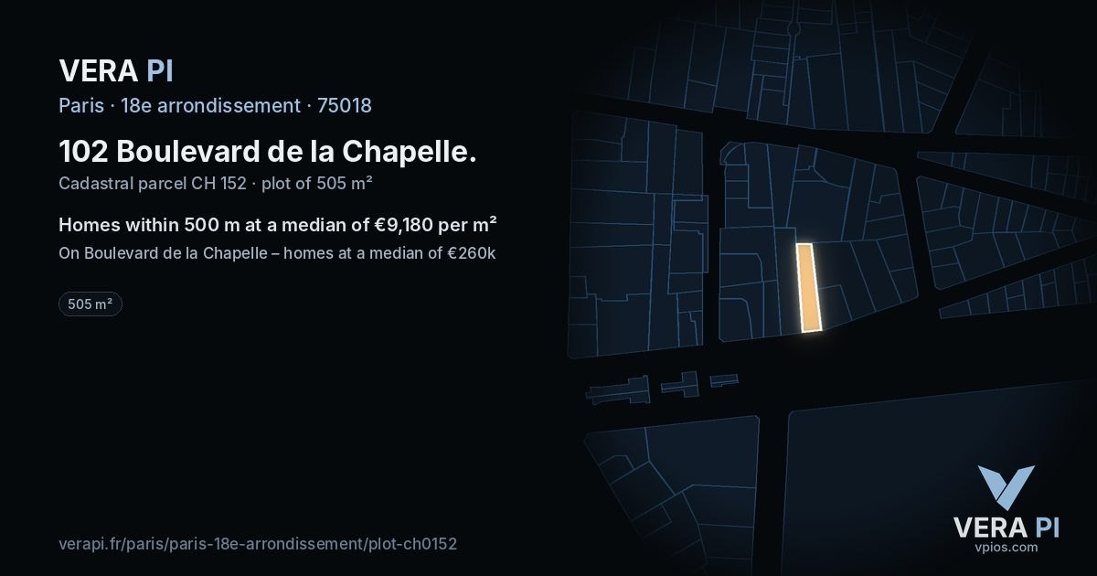 102 Boulevard de la Chapelle, 18e arrondissement at night – the plot lit, the parcels around coloured by the prices near them