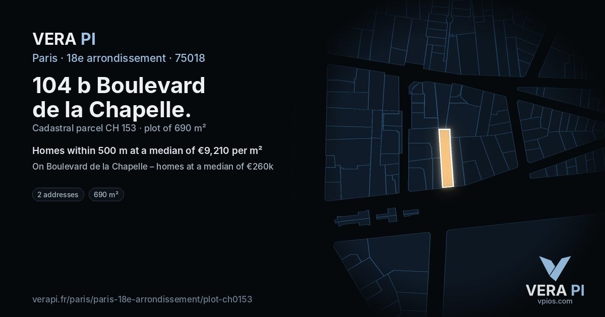 104 b Boulevard de la Chapelle, 18e arrondissement at night – the plot lit, the parcels around coloured by the prices near them