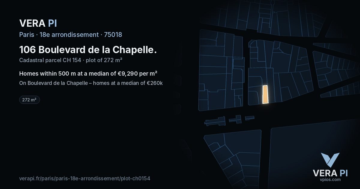 106 Boulevard de la Chapelle, 18e arrondissement at night – the plot lit, the parcels around coloured by the prices near them