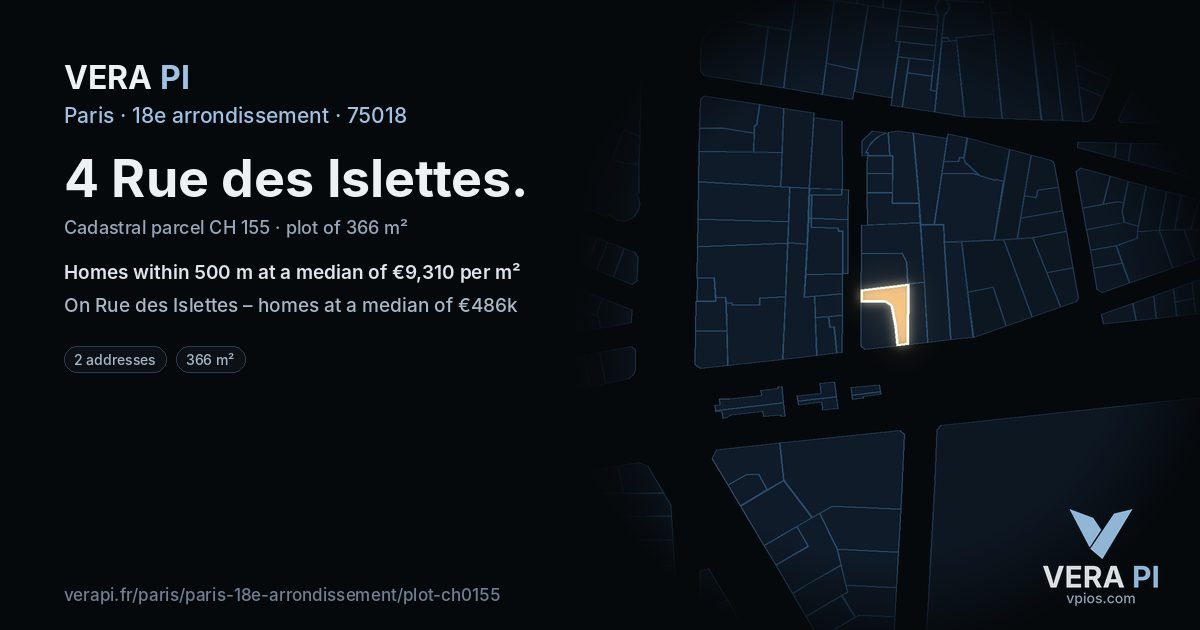 4 Rue des Islettes, 18e arrondissement at night – the plot lit, the parcels around coloured by the prices near them