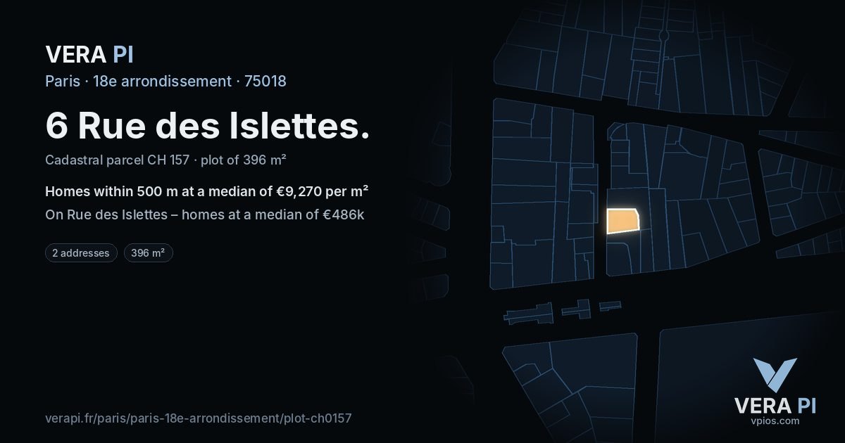 6 Rue des Islettes, 18e arrondissement at night – the plot lit, the parcels around coloured by the prices near them