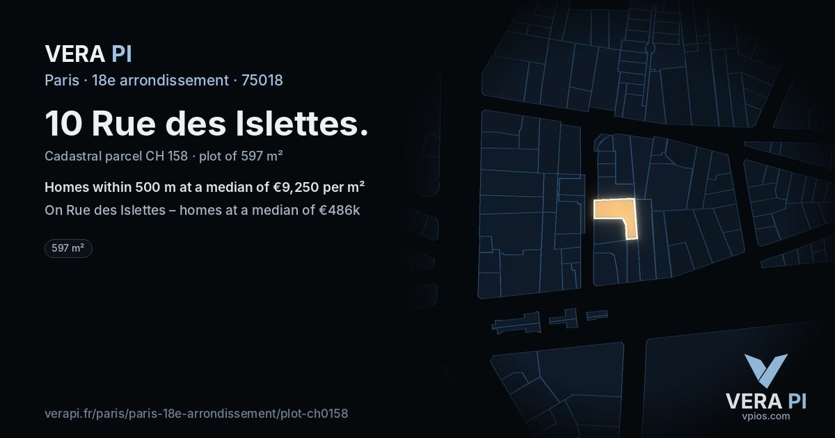 10 Rue des Islettes, 18e arrondissement at night – the plot lit, the parcels around coloured by the prices near them