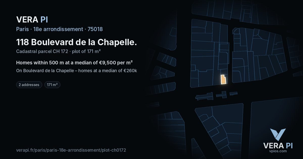 118 Boulevard de la Chapelle, 18e arrondissement at night – the plot lit, the parcels around coloured by the prices near them