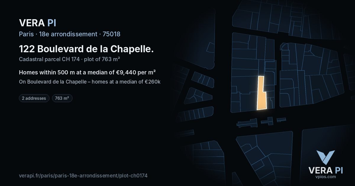 122 Boulevard de la Chapelle, 18e arrondissement at night – the plot lit, the parcels around coloured by the prices near them