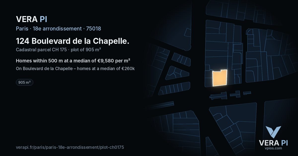 124 Boulevard de la Chapelle, 18e arrondissement at night – the plot lit, the parcels around coloured by the prices near them