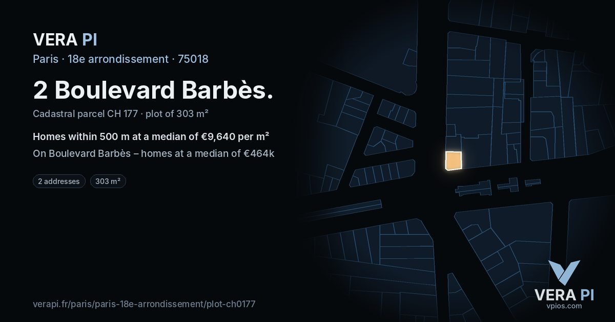 2 Boulevard Barbès, 18e arrondissement at night – the plot lit, the parcels around coloured by the prices near them