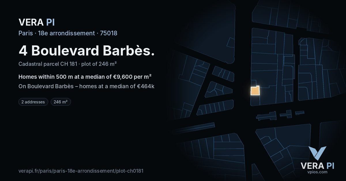 4 Boulevard Barbès, 18e arrondissement at night – the plot lit, the parcels around coloured by the prices near them