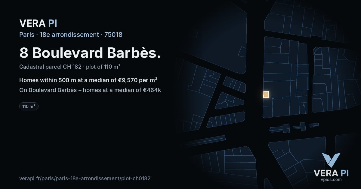 8 Boulevard Barbès, 18e arrondissement at night – the plot lit, the parcels around coloured by the prices near them