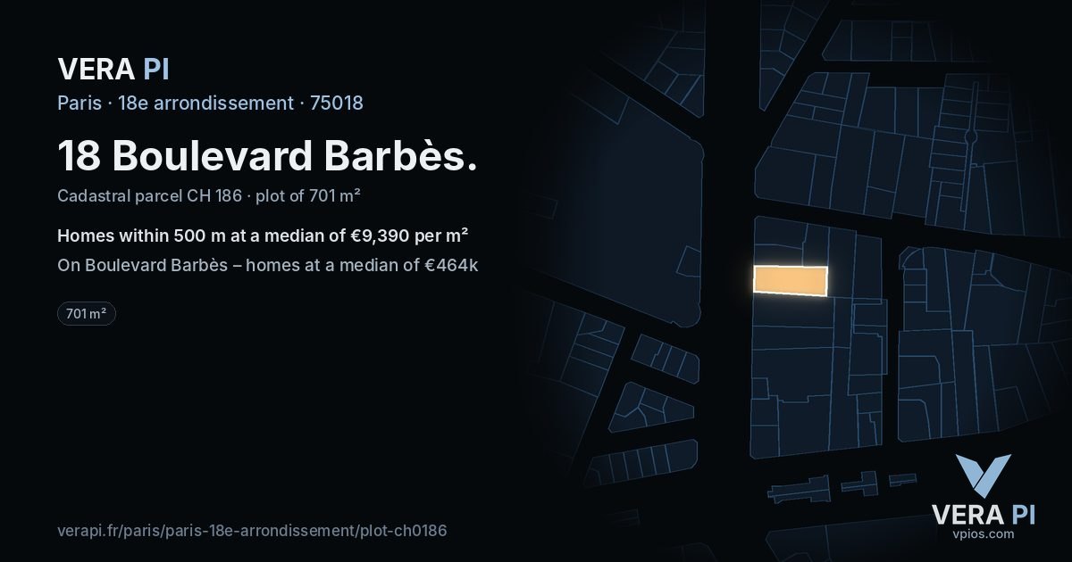 18 Boulevard Barbès, 18e arrondissement at night – the plot lit, the parcels around coloured by the prices near them