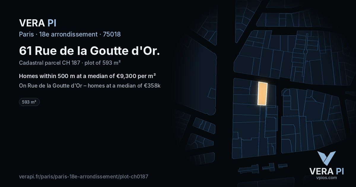 61 Rue de la Goutte d'Or, 18e arrondissement at night – the plot lit, the parcels around coloured by the prices near them