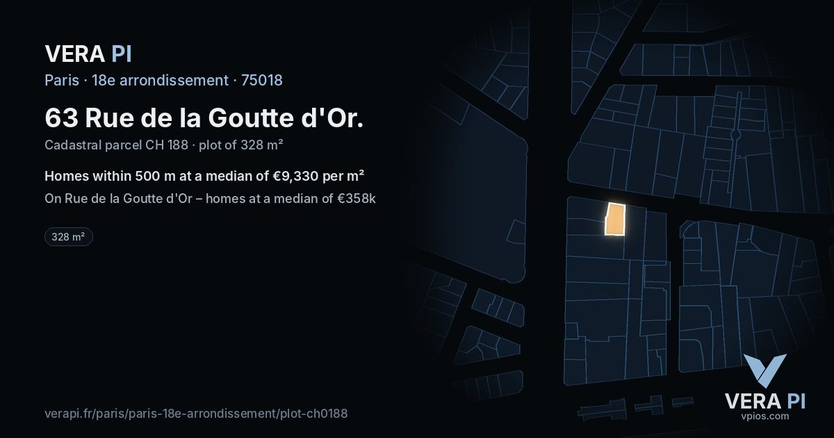 63 Rue de la Goutte d'Or, 18e arrondissement at night – the plot lit, the parcels around coloured by the prices near them
