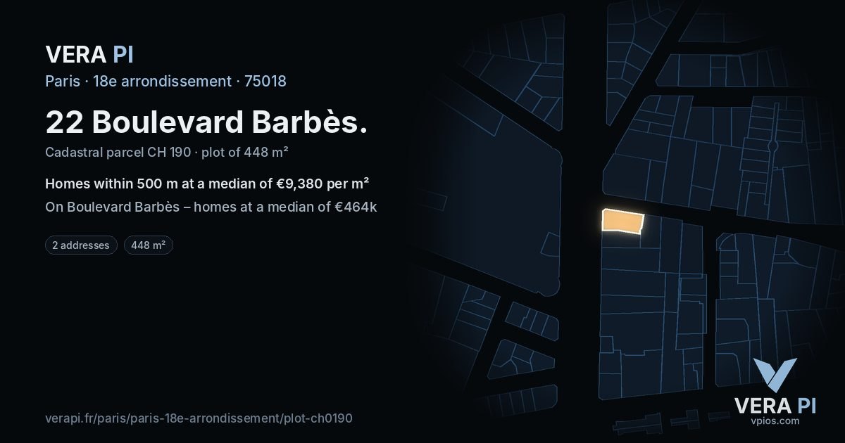 22 Boulevard Barbès, 18e arrondissement at night – the plot lit, the parcels around coloured by the prices near them