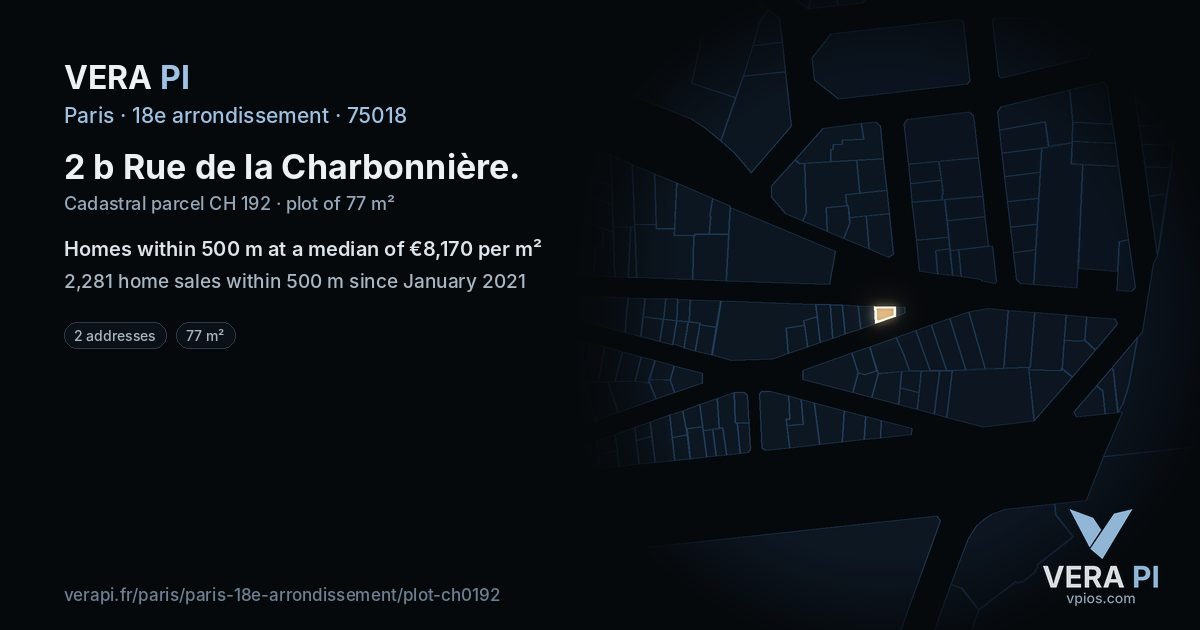 2 b Rue de la Charbonnière, 18e arrondissement at night – the plot lit, the parcels around coloured by the prices near them