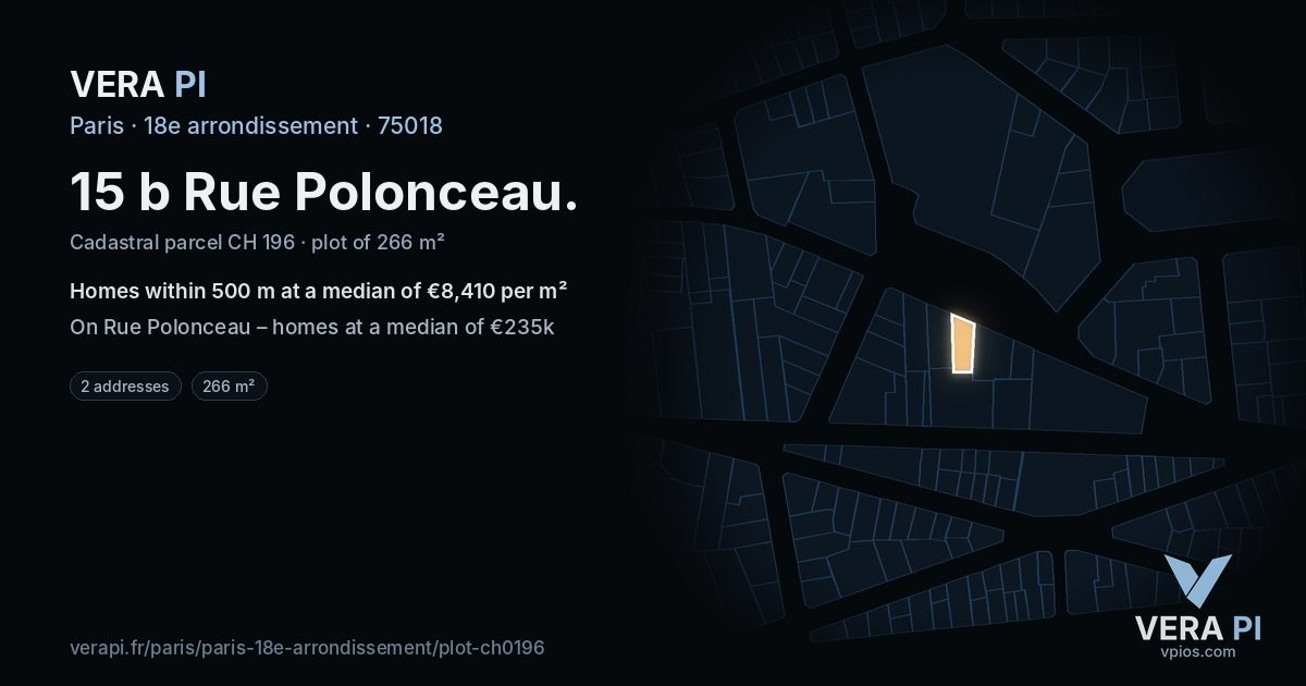 15 b Rue Polonceau, 18e arrondissement at night – the plot lit, the parcels around coloured by the prices near them