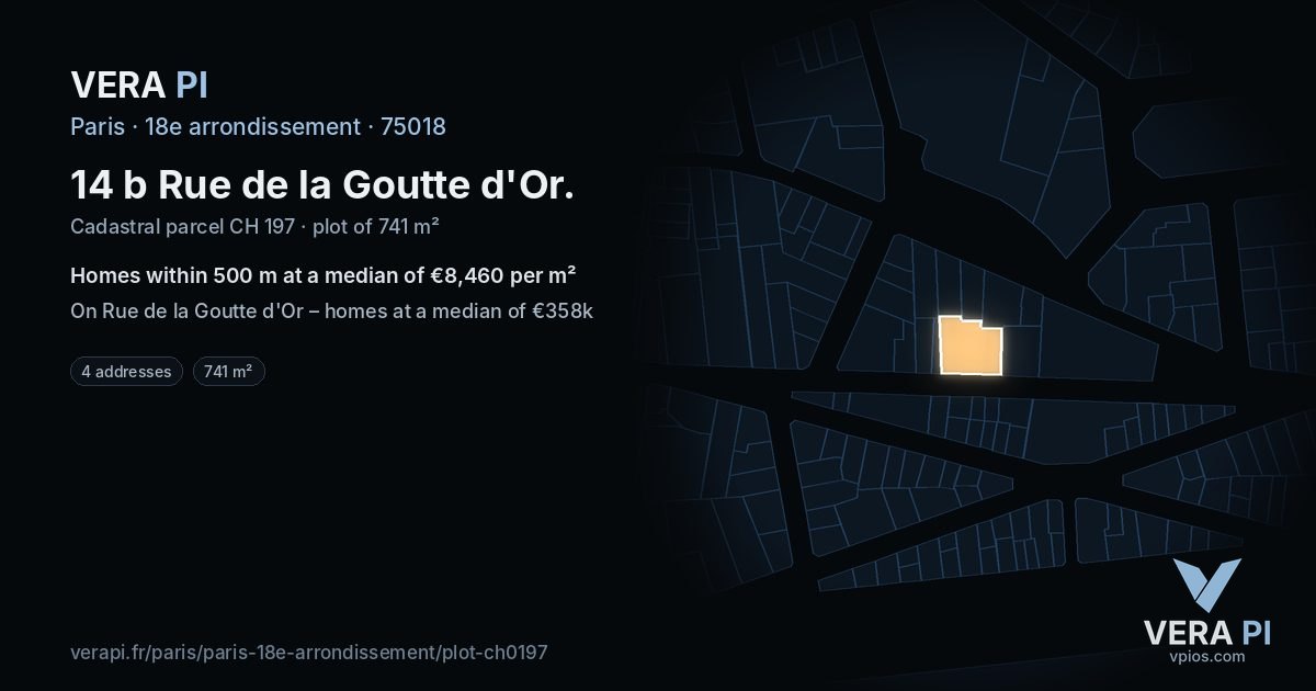 14 b Rue de la Goutte d'Or, 18e arrondissement at night – the plot lit, the parcels around coloured by the prices near them