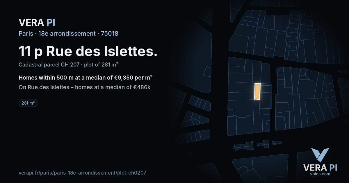 11 p Rue des Islettes, 18e arrondissement at night – the plot lit, the parcels around coloured by the prices near them