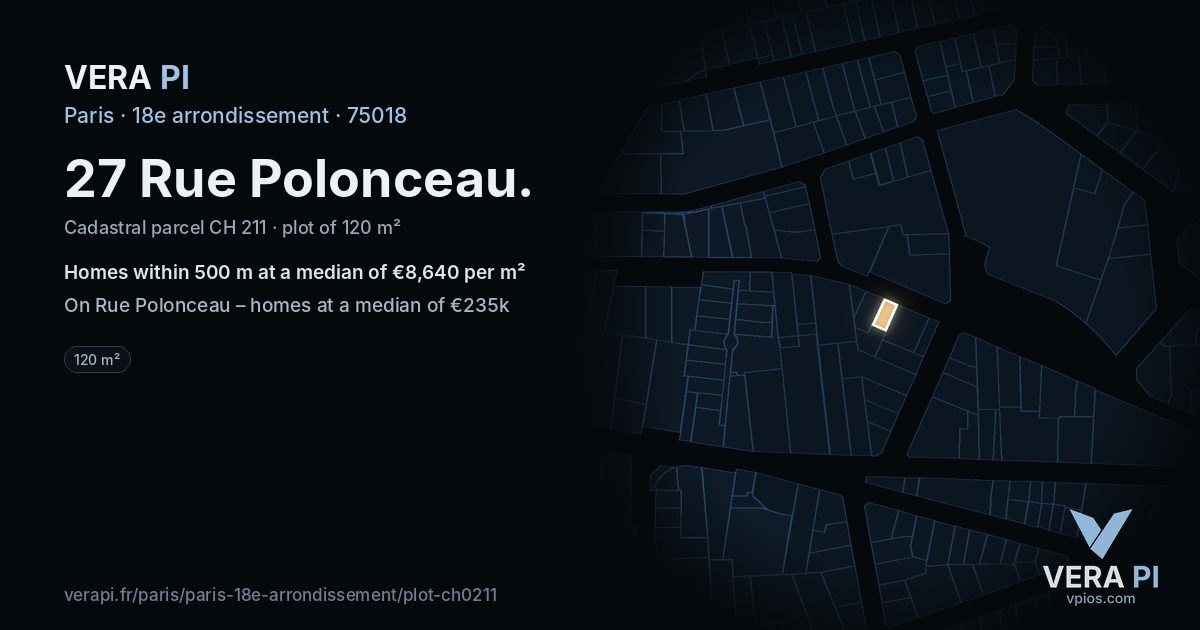 27 Rue Polonceau, 18e arrondissement at night – the plot lit, the parcels around coloured by the prices near them
