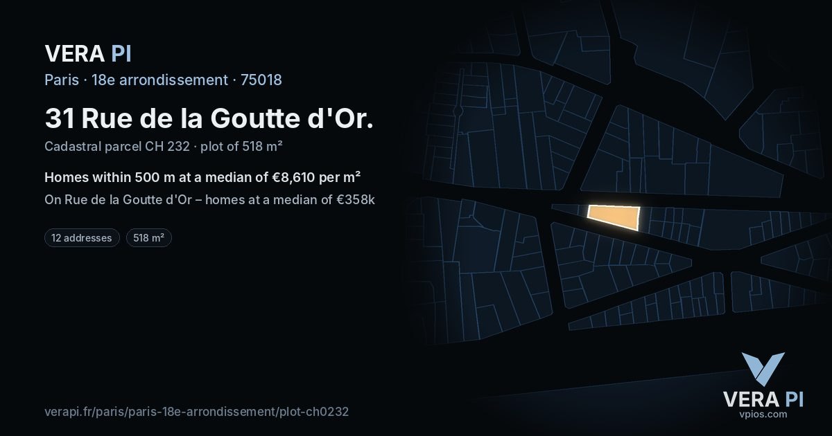 31 Rue de la Goutte d'Or, 18e arrondissement at night – the plot lit, the parcels around coloured by the prices near them