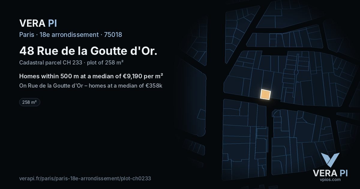 48 Rue de la Goutte d'Or, 18e arrondissement at night – the plot lit, the parcels around coloured by the prices near them