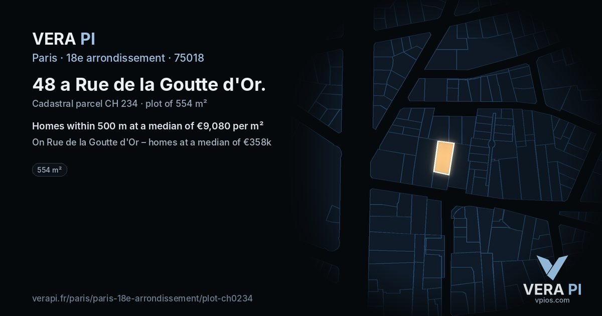 48 a Rue de la Goutte d'Or, 18e arrondissement at night – the plot lit, the parcels around coloured by the prices near them