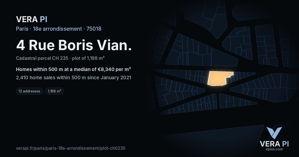 4 Rue Boris Vian, 18e arrondissement at night – the plot lit, the parcels around coloured by the prices near them