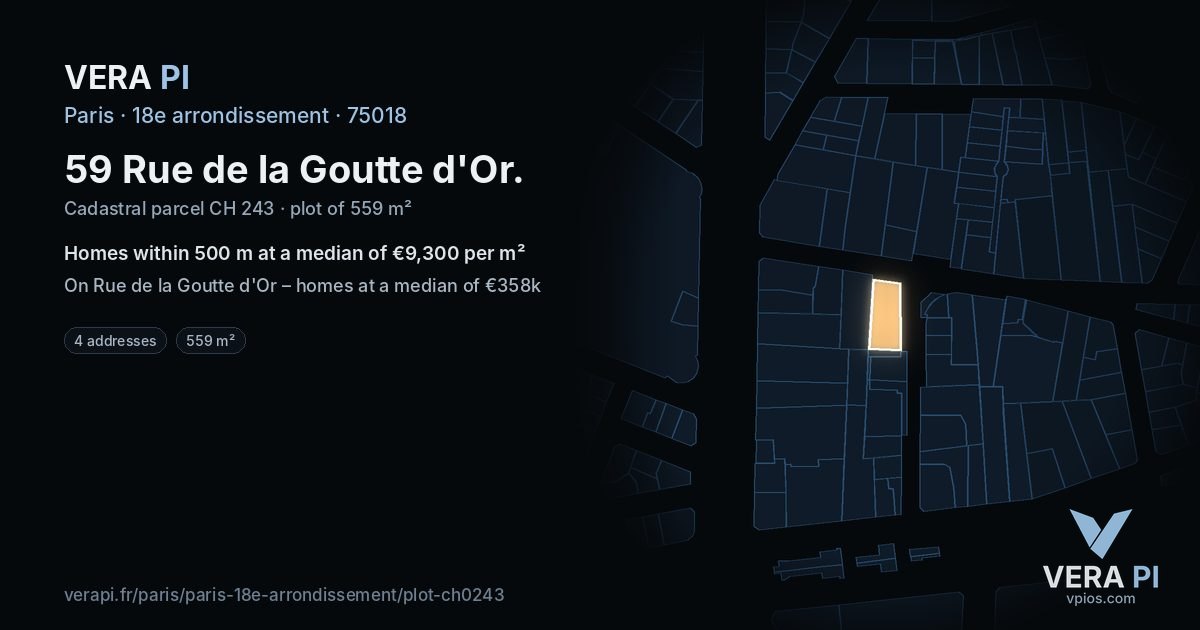 59 Rue de la Goutte d'Or, 18e arrondissement at night – the plot lit, the parcels around coloured by the prices near them