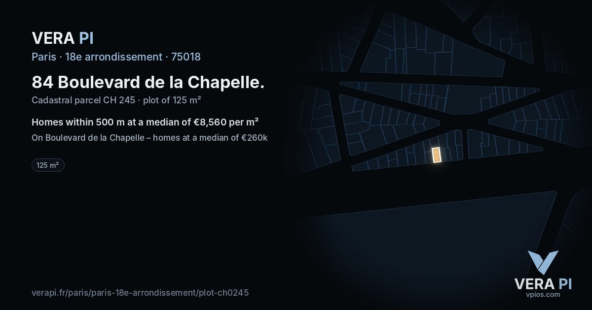 84 Boulevard de la Chapelle, 18e arrondissement at night – the plot lit, the parcels around coloured by the prices near them