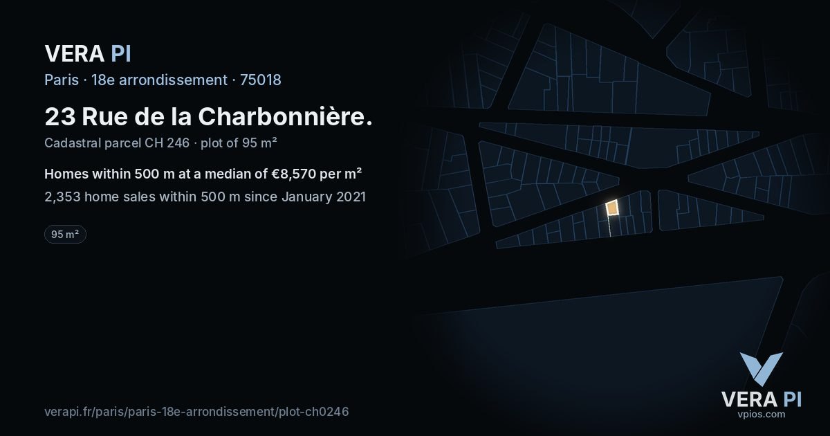 23 Rue de la Charbonnière, 18e arrondissement at night – the plot lit, the parcels around coloured by the prices near them