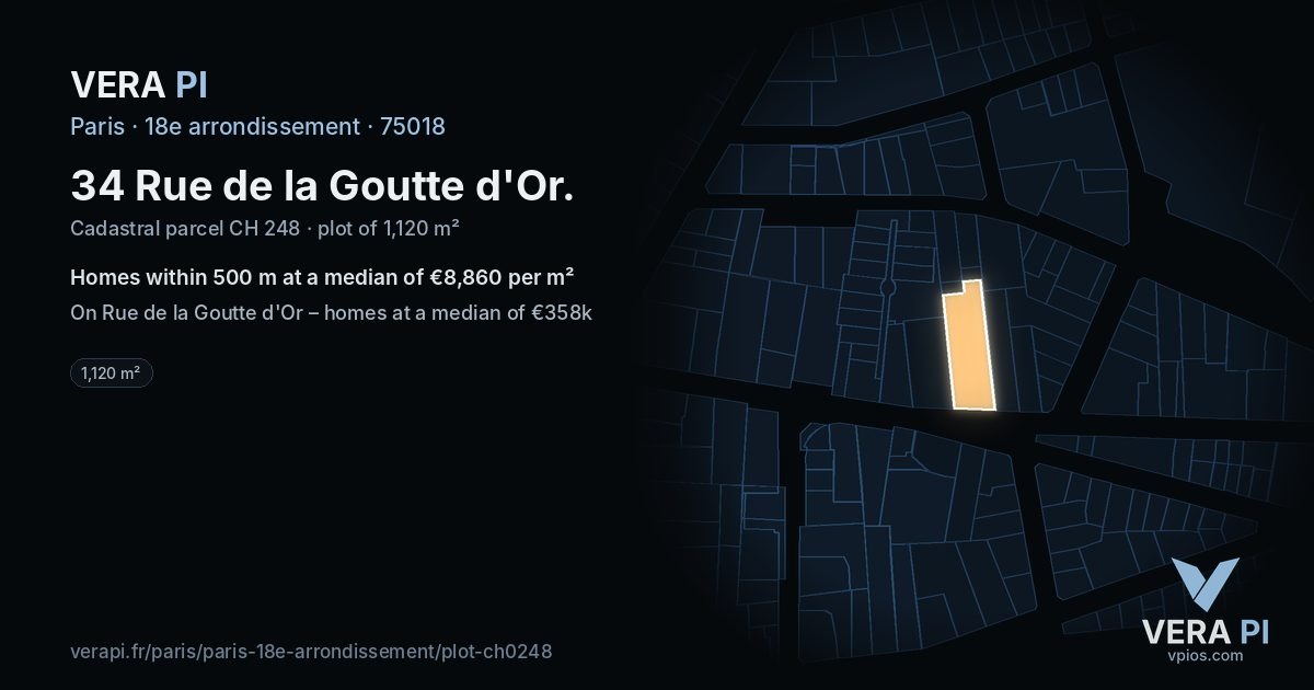 34 Rue de la Goutte d'Or, 18e arrondissement at night – the plot lit, the parcels around coloured by the prices near them
