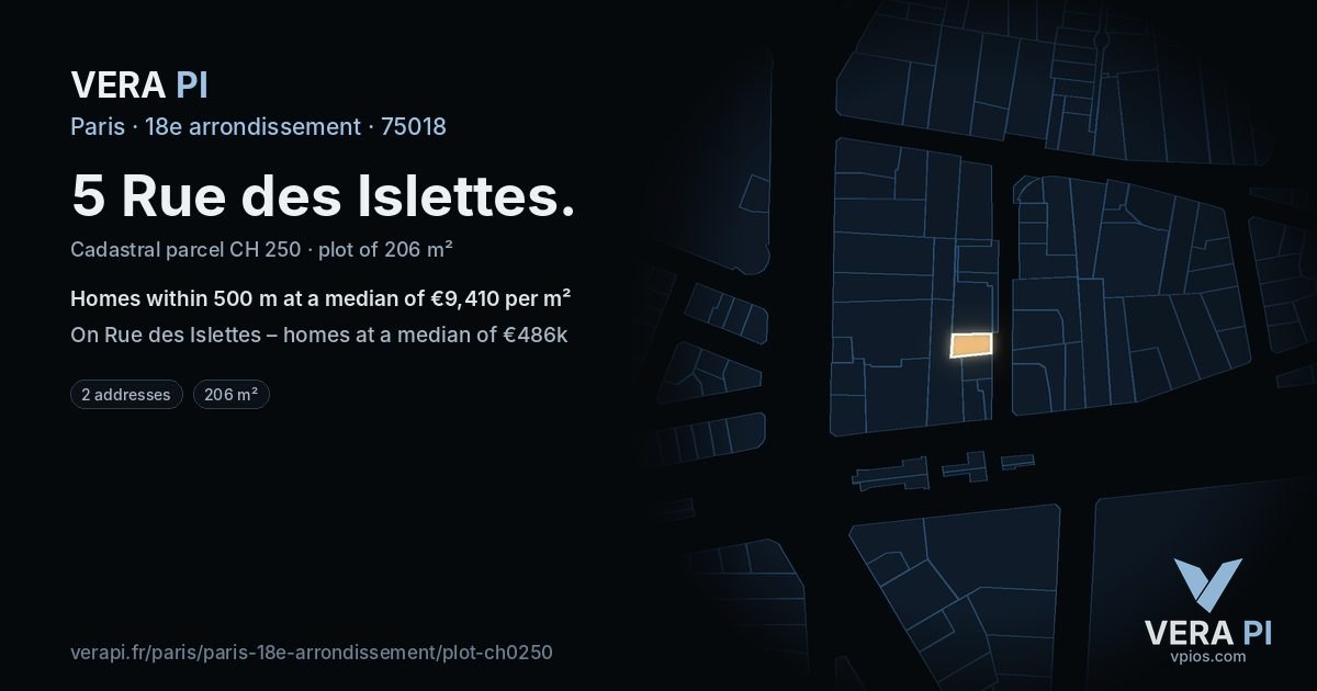 5 Rue des Islettes, 18e arrondissement at night – the plot lit, the parcels around coloured by the prices near them