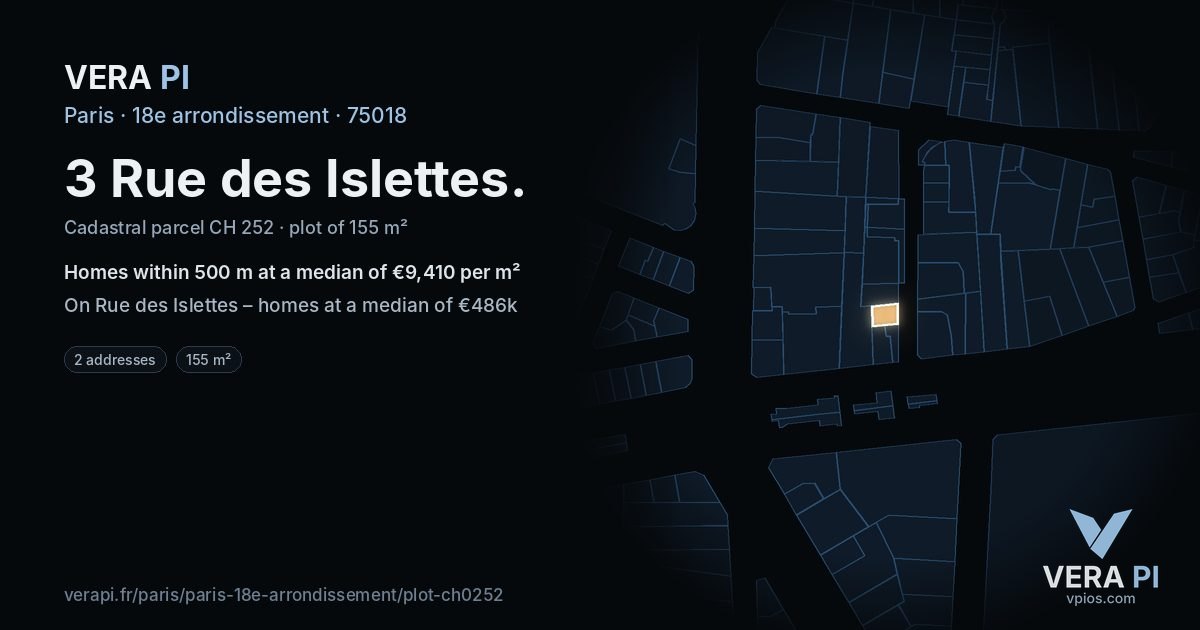 3 Rue des Islettes, 18e arrondissement at night – the plot lit, the parcels around coloured by the prices near them