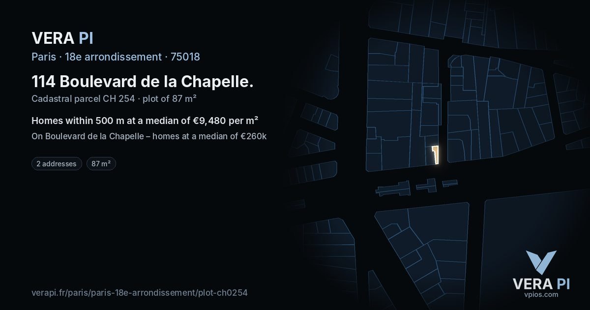 114 Boulevard de la Chapelle, 18e arrondissement at night – the plot lit, the parcels around coloured by the prices near them