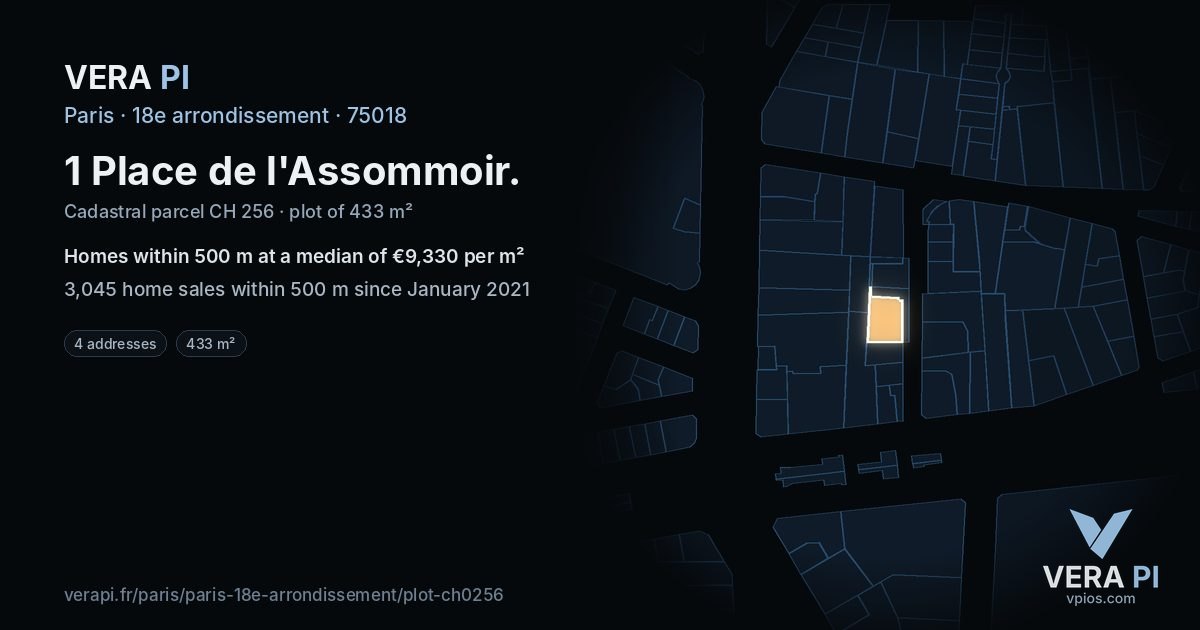 1 Place de l'Assommoir, 18e arrondissement at night – the plot lit, the parcels around coloured by the prices near them