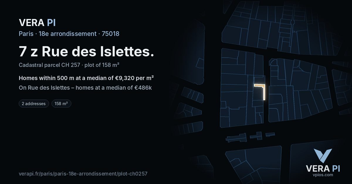 7 z Rue des Islettes, 18e arrondissement at night – the plot lit, the parcels around coloured by the prices near them