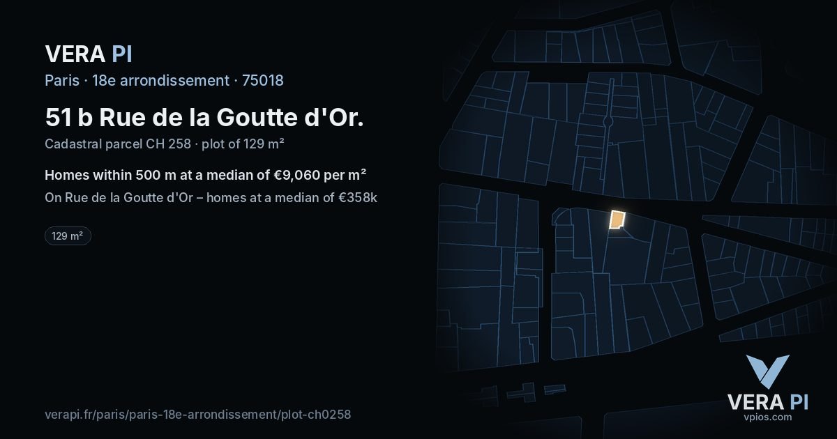51 b Rue de la Goutte d'Or, 18e arrondissement at night – the plot lit, the parcels around coloured by the prices near them